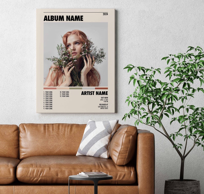 May include: Album cover art featuring a woman with long red hair holding a bouquet of white flowers. The album title is "ALBUM NAME" and the artist name is "ARTIST NAME". The album was released in 2024.