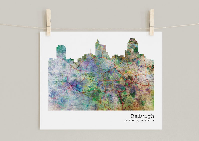 Raleigh Poster Raleigh North Carolina Watercolor Map Art Raleigh Canvas Map of Raleigh City Skyline Print Raleigh Map Print
