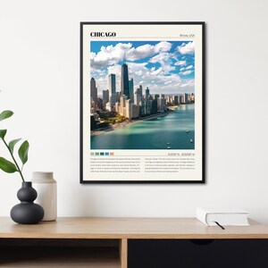 May include: A black and white poster with a photograph of the Chicago skyline. The poster has the text "CHICAGO" in bold, black letters at the top and "Illinois, USA" in smaller, black letters to the right. The poster also includes the coordinates "41.8781&deg; N, 87.6298&deg; W" and a brief description of Chicago.