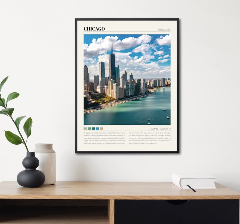 May include: A black and white poster with a photograph of the Chicago skyline. The poster has the text "CHICAGO" in bold, black letters at the top and "Illinois, USA" in smaller, black letters to the right. The poster also includes the coordinates "41.8781&deg; N, 87.6298&deg; W" and a brief description of Chicago.