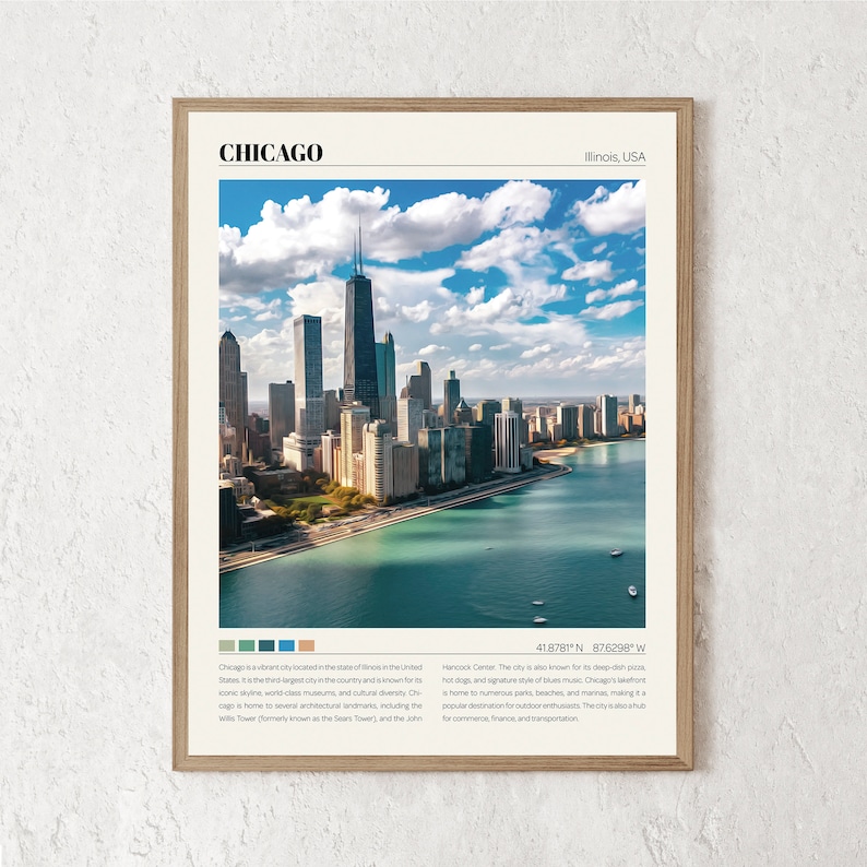 May include: An aerial view of the Chicago skyline with the Willis Tower (formerly known as the Sears Tower) and the John Hancock Center. The city is also known for its deep-dish pizza, hot dogs, and signature style of blues music. Chicago's waterfront is home to numerous parks, beaches, and marinas, making it a popular destination for outdoor enthusiasts. The city is also a hub for commerce, finance, and transportation.