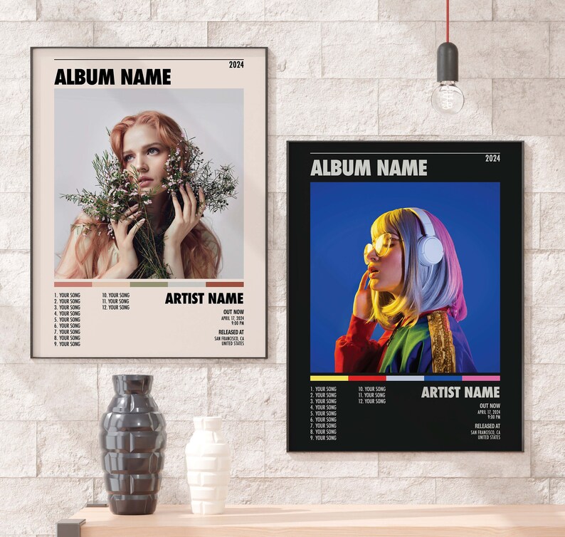 May include: Two album covers with black frames and white text. The album covers feature a woman with red hair and a woman with pink and blue hair. The album covers have the title "ALBUM NAME" and the year "2024".