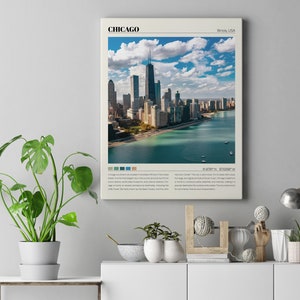 May include: A vintage-style poster with a photograph of the Chicago skyline. The poster has a white background with black text that reads "CHICAGO" and "Illinois, USA". The text also includes the coordinates "41.8781&deg; N, 87.6298&deg; W".