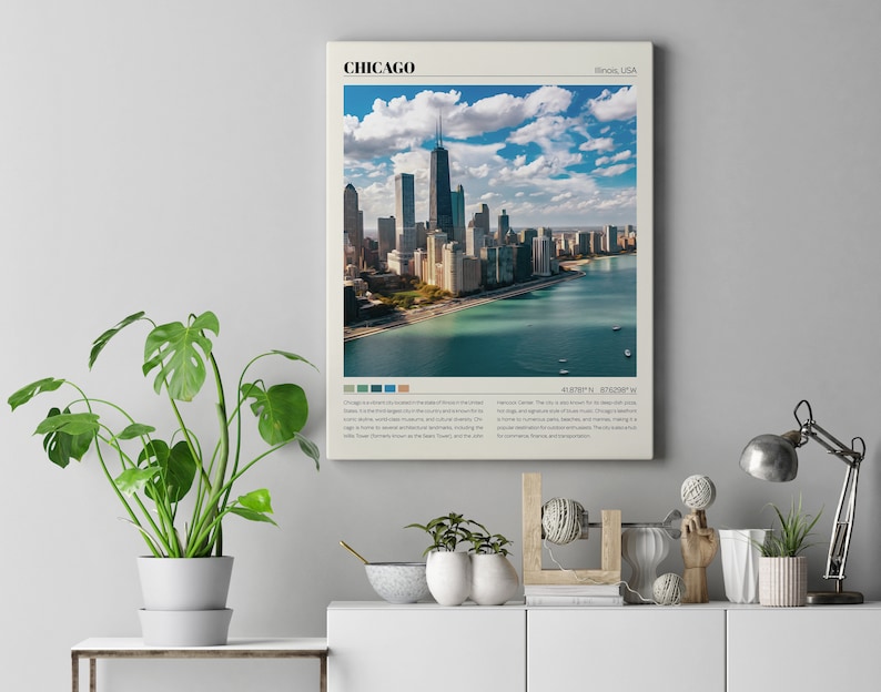May include: A vintage-style poster with a photograph of the Chicago skyline. The poster has a white background with black text that reads "CHICAGO" and "Illinois, USA". The text also includes the coordinates "41.8781&deg; N, 87.6298&deg; W".