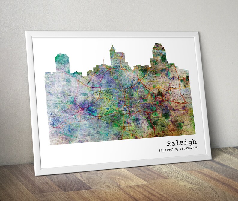 Raleigh Poster Raleigh North Carolina Watercolor Map Art Raleigh Canvas Map of Raleigh City Skyline Print Raleigh Map Print