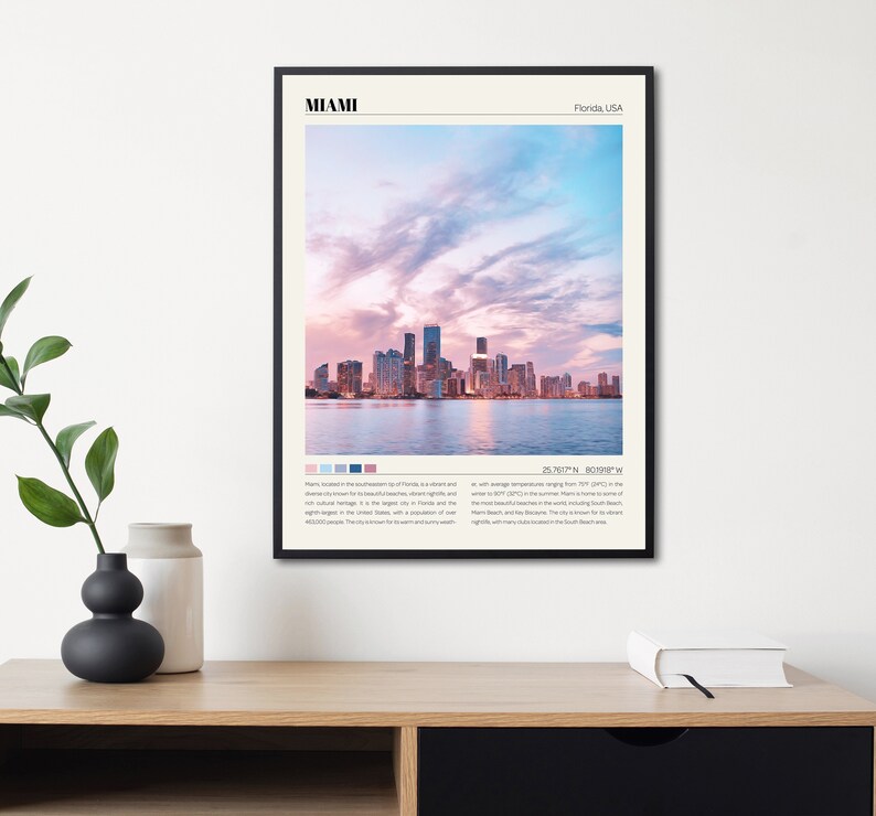 May include: A poster with a photograph of the Miami skyline at sunset. The poster has the text "MIAMI" in a black sans-serif font at the top and "Florida, USA" in a smaller font below. The poster also includes the coordinates "25.7617&deg; N, 80.1918&deg; W" and a description of Miami.