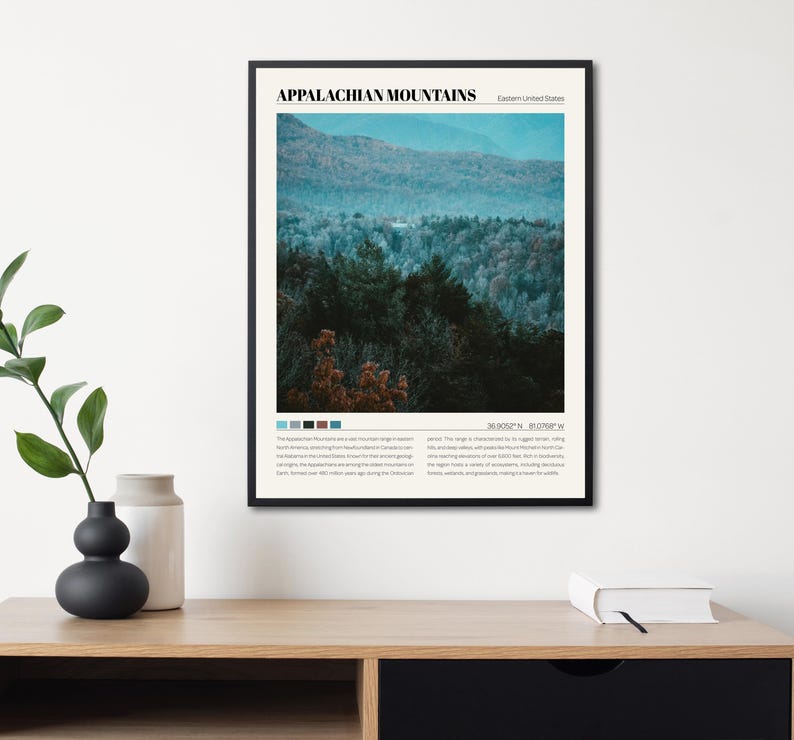 May include: A black and white poster with the text "Appalachian Mountains" in bold, black font. The poster features a photograph of a lush, green mountain range with a blue sky in the background. The text "Eastern United States" is in smaller, black font below the title. The poster also includes a color palette and coordinates.