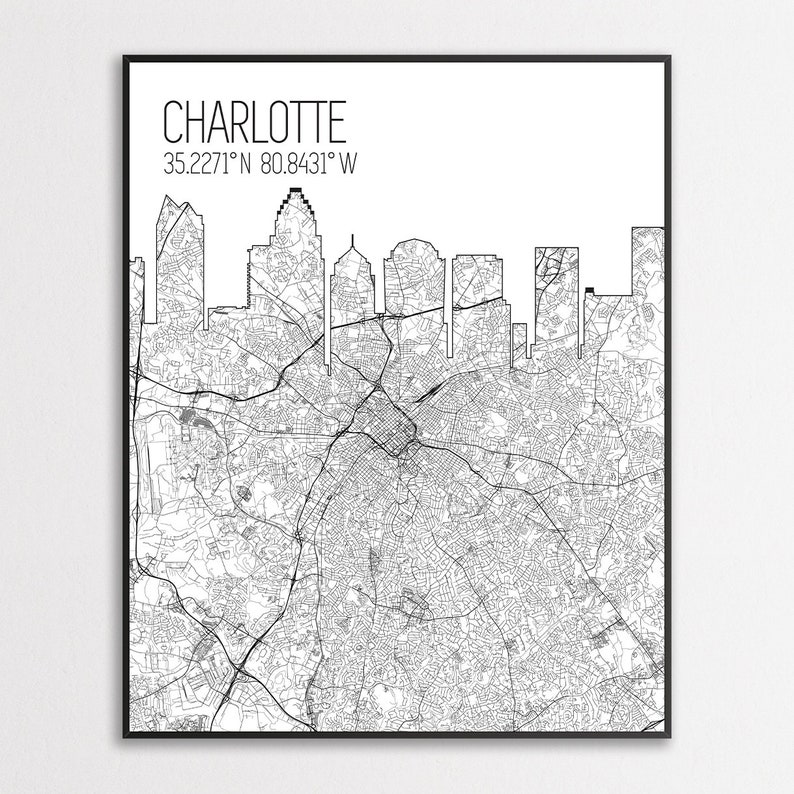 Charlotte North Carolina Charlotte Map Print Charlotte City Skyline Print Map of Charlotte Charlotte Map Poster Charlotte Canvas
