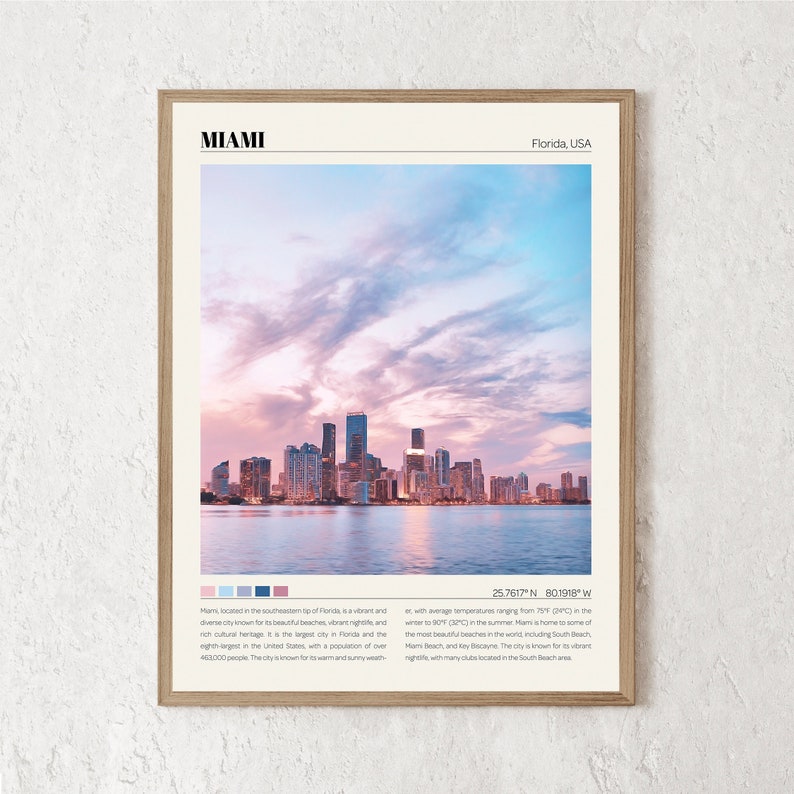 May include: A framed poster with a photograph of the Miami skyline at sunset. The poster has the text "MIAMI" and "Florida, USA" at the top. The poster also includes the coordinates "25.7617&deg; N 80.1918&deg; W" and a description of Miami.