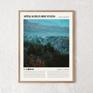 May include: A poster with a photograph of the Appalachian Mountains in the Eastern United States. The poster has the text "Appalachian Mountains" and "Eastern United States" at the top. The poster also includes the coordinates "36.9052&deg;N 81.0768&deg;W".