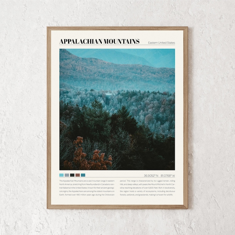 May include: A poster with a photograph of the Appalachian Mountains in the Eastern United States. The poster has the text "Appalachian Mountains" and "Eastern United States" at the top. The poster also includes the coordinates "36.9052&deg;N 81.0768&deg;W".
