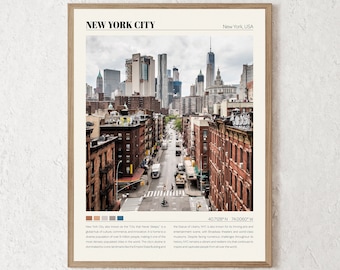 May include: A framed print of a cityscape with a view of the streets of New York City. The print features a view of the city skyline with tall buildings and a street lined with brownstone buildings. The print also includes the text "NEW YORK CITY" and "New York, USA".