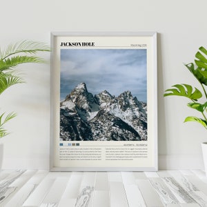 May include: A framed poster with a photograph of snow-capped mountains in Jackson Hole, Wyoming. The poster includes the text "Jackson Hole, Wyoming, USA" and coordinates "43.4799&deg; N, 110.7624&deg; W".