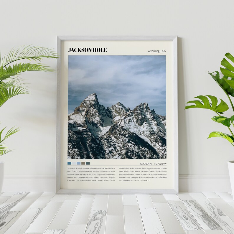 May include: A framed poster with a photograph of snow-capped mountains in Jackson Hole, Wyoming. The poster includes the text "Jackson Hole, Wyoming, USA" and coordinates "43.4799&deg; N, 110.7624&deg; W".