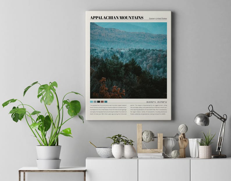 May include: A vintage-style poster with a photograph of the Appalachian Mountains in the Eastern United States. The poster has a blue, green, and white color scheme and includes the text "APPALACHIAN MOUNTAINS" and "36.0525&deg;N 81.0798&deg;W".