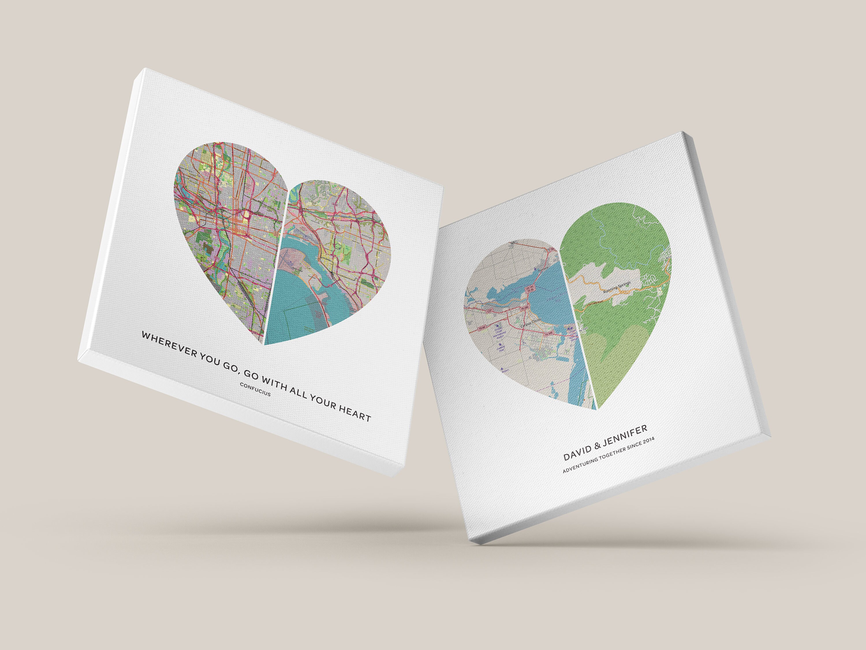 Custom Map Print 2 Locations Split Heart Personalized Map - Etsy