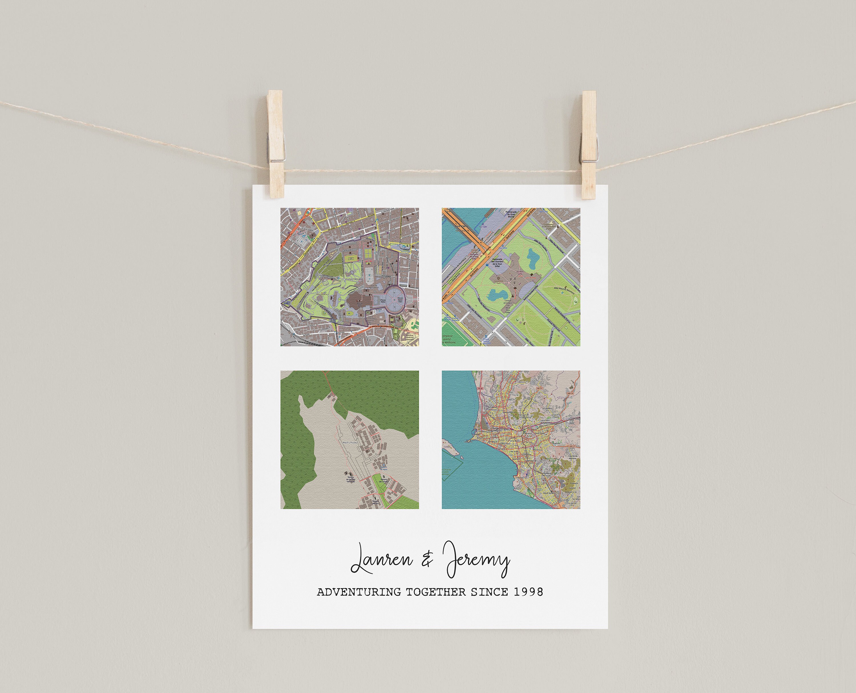 Personalized Map Print 4 Locations Squares Map Canvas | Etsy