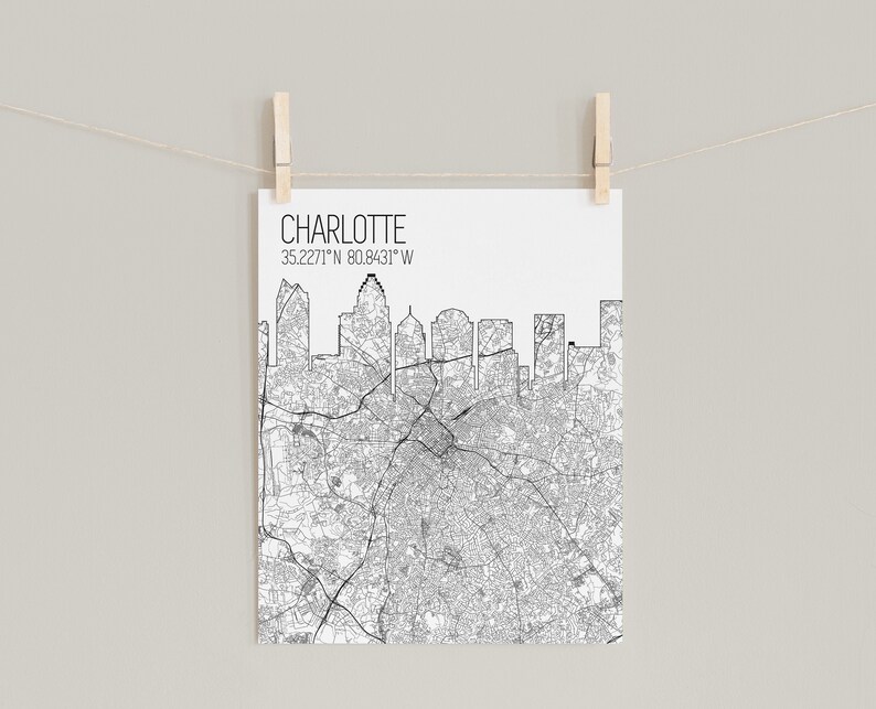 Charlotte North Carolina Charlotte Map Print Charlotte City Skyline Print Map of Charlotte Charlotte Map Poster Charlotte Canvas