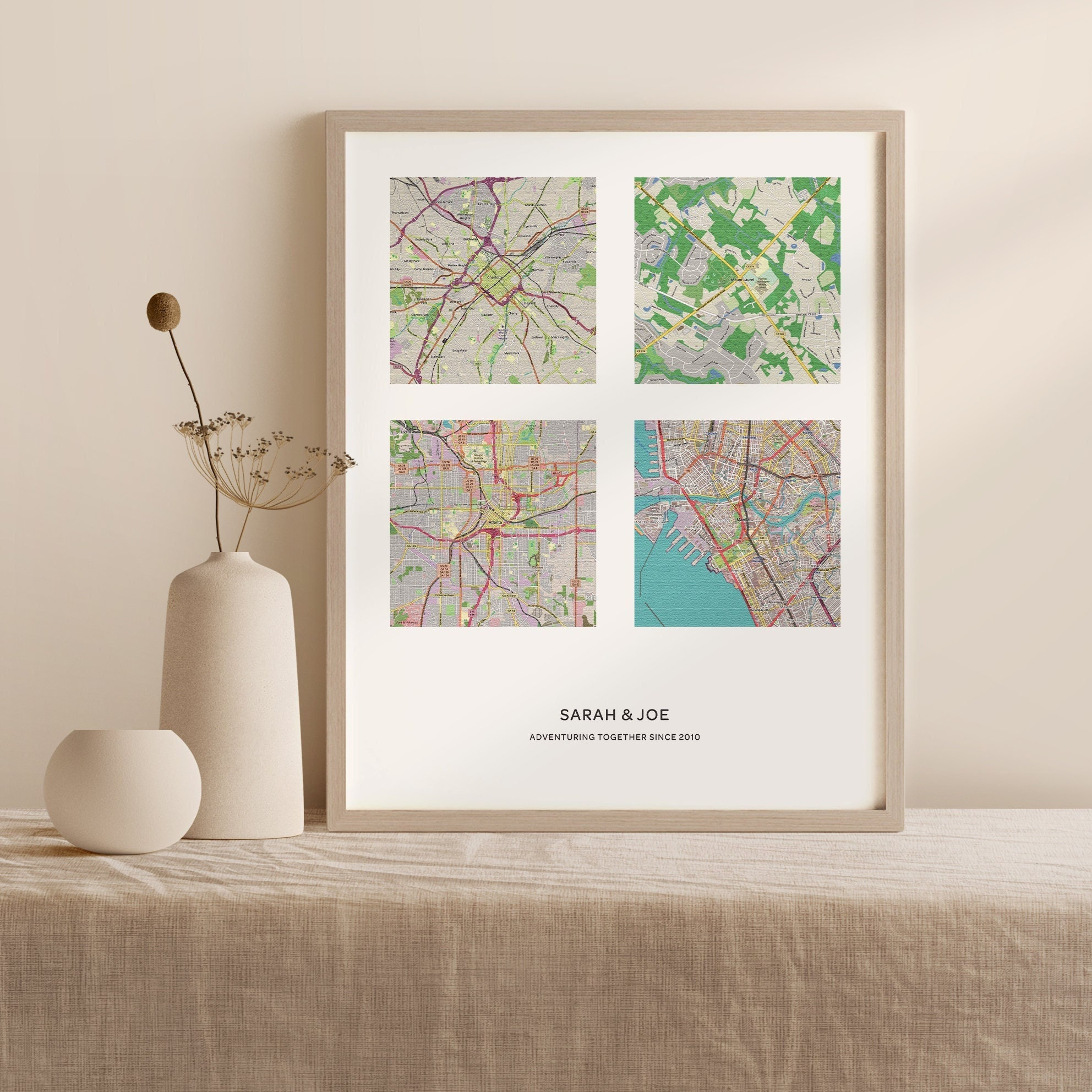 Personalized Map Print 4 Locations | Squares Map Canvas | Custom Map ...