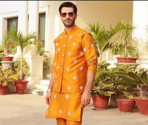 Mustard Kurta Pajama Haldi Dress Men Hand Embroidered Kurta Waistcoat  Mustard Waistcoat Groom Kurta Jacket Mustard Vest Nehru Jacket Wedding -  Etsy