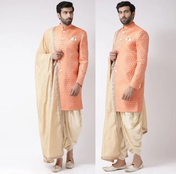 Peach Wedding Suit Indian Sherwani Peach Sherwani Dhoti Groom Suit