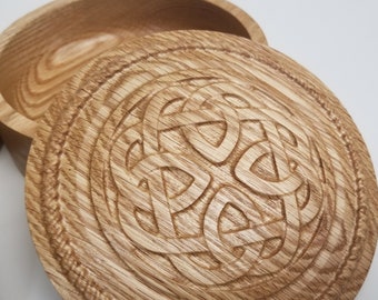 Wood container 6" round box with Celtic carving ,domed lid  sanded to 220 and finished with two coats of Lacquer.