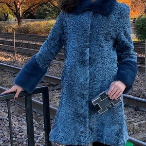 Women&#39;s Blue Real Broad Tail Persian Lamb Fur jacket Coat Peter Pan collar Karakul sheep fur jacket All sizes custom made handmade