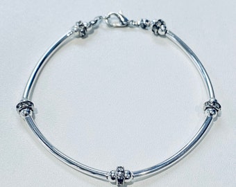 Handmade Silver Plated Tube Bracelet with Crystal Rondelle Beads