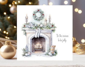 Handmade Snowy Christmas Cards: Winter Fireplace Scene (Set of 5)