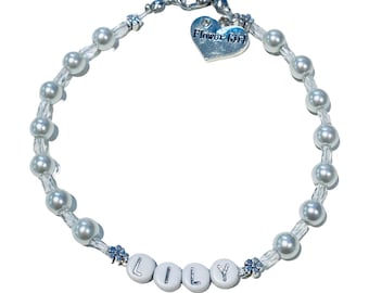 Personalized Flower Girl Bracelet: Silver Charm, White Pearls