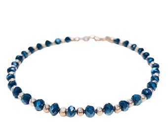 Handmade Rose Gold Beaded Bracelet: Navy Blue Facet Beads