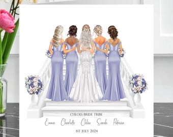 May include: A greeting card featuring a bride and bridesmaids in lavender gowns, standing on a white staircase. The card includes the text "CHLOES BRIDE TRIBE", names, and the date "1ST JULY 2024". Decorative floral arrangements are on the staircase.