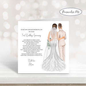 Beau-fils et belle-fille pour votre premier anniversaire de mariage avec maman, carte d'anniversaire en papier, carte d'anniversaire personnalisée, un an de mariage