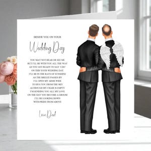 May include: A wedding card with the text "BESIDE YOU ON YOUR Wedding Day" and a poem. The card features an illustration of two grooms in black suits, one with angel wings. A bouquet of pink flowers is in the background.