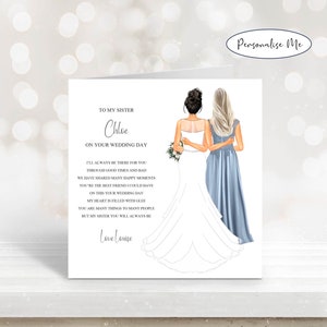 À ma soeur le jour de votre mariage, carte souvenir de mariage personnalisée, carte sentimentale le jour du mariage de ma soeur