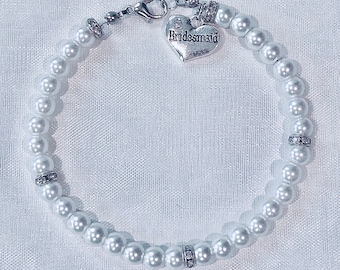Handmade Bridesmaid Bracelet: Pearl & Crystal Charm, Silver Plated