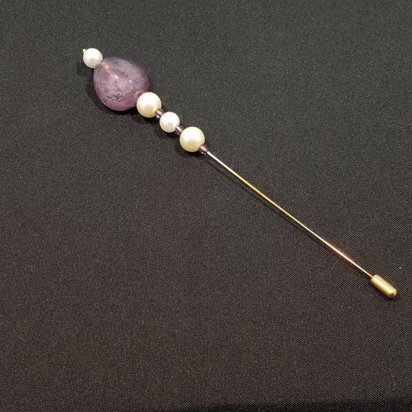 6 Inch Stick Pin w/ Lavender and Faux Pearl Mix of Vintage and New Beads