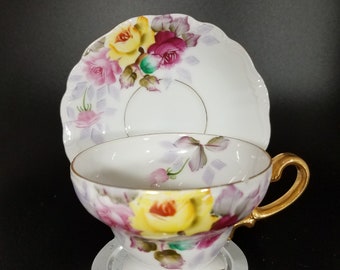Hand-Painted Footed Teacup and Saucer, Made in Occupied Japan