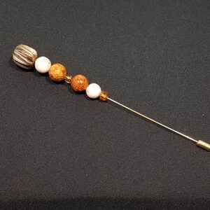 6 Inch Stick Pin w/ Mix of Gold, Brown, and White Marbled Vintage and New Beads