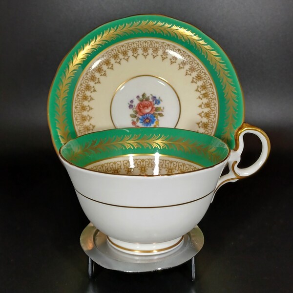 Aynsley Green and Gold Bone China Teacup and Saucer, Made in England