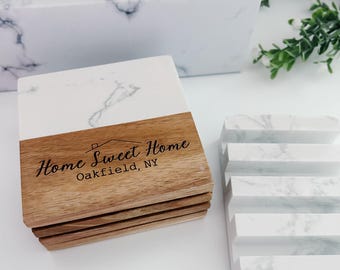 Personalized Marble and Acacia Coaster Set | Engraved Housewarming Gift