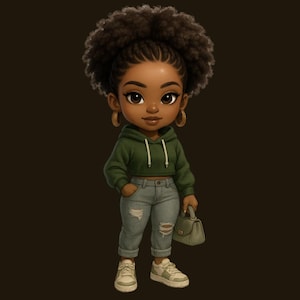 Chibi Black Girl Clipart: Afro Puff, Green Hoodie (PNG Digital Download)