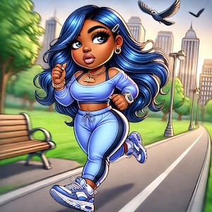 African-American Woman, Chibi Style Art, Blue Hair, Fitness Run, AI Generated Image, JPEG
