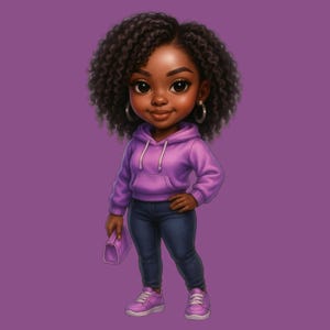 Chibi Art PNG: Black Girl Magic, Curly Hair, Purple Hoodie (Digital Download)