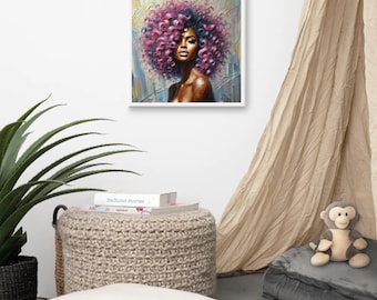 May include: A painting of a woman with large, pink and purple afro hair. The woman is looking to the side and has a light skin tone. The background is a textured, abstract design in shades of blue, white, and yellow.