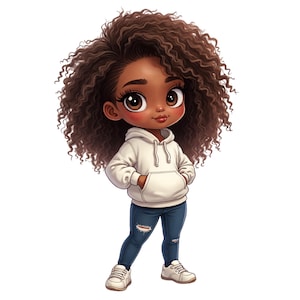Chibi African American Girl Digital Illustration - Cute Curly Hair Art - Printable Download - Print Wall Art - Kids&#39; Room Decor. PNG & JPEG.