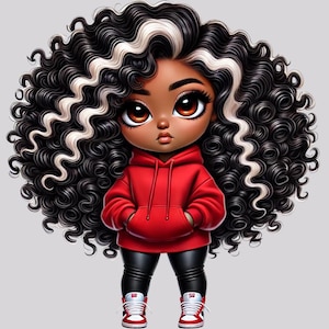 Chibi Black Girl Art Print: Red Hoodie, Curly Hair (PNG & JPEG)