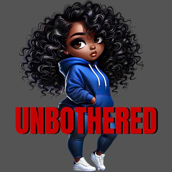 UNBOTHERED Chibi Black Woman Art Print: Afrocentric Fashion Illustration (PNG)