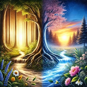May include: A painting depicting a forest divided in two, with a bright, sunny day on the left and a starry night on the right. The two halves are joined by a single tree with roots that extend across the canvas. A stream flows through the centre of the painting, with a waterfall on the right side.