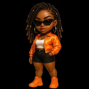Clipart de mujer negra chibi: rastas postizas, chaqueta bomber naranja (impresión digital PNG)